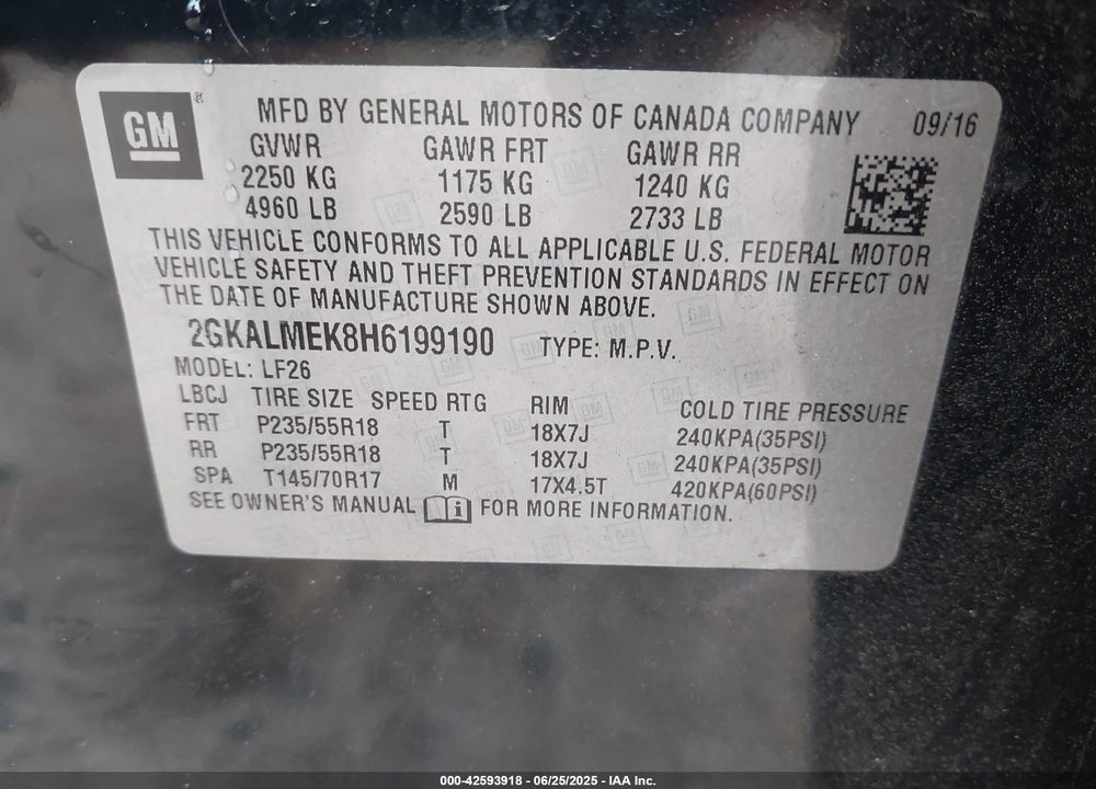 2017 GMC TERRAIN VIN: 2GKALMEK8H6199190