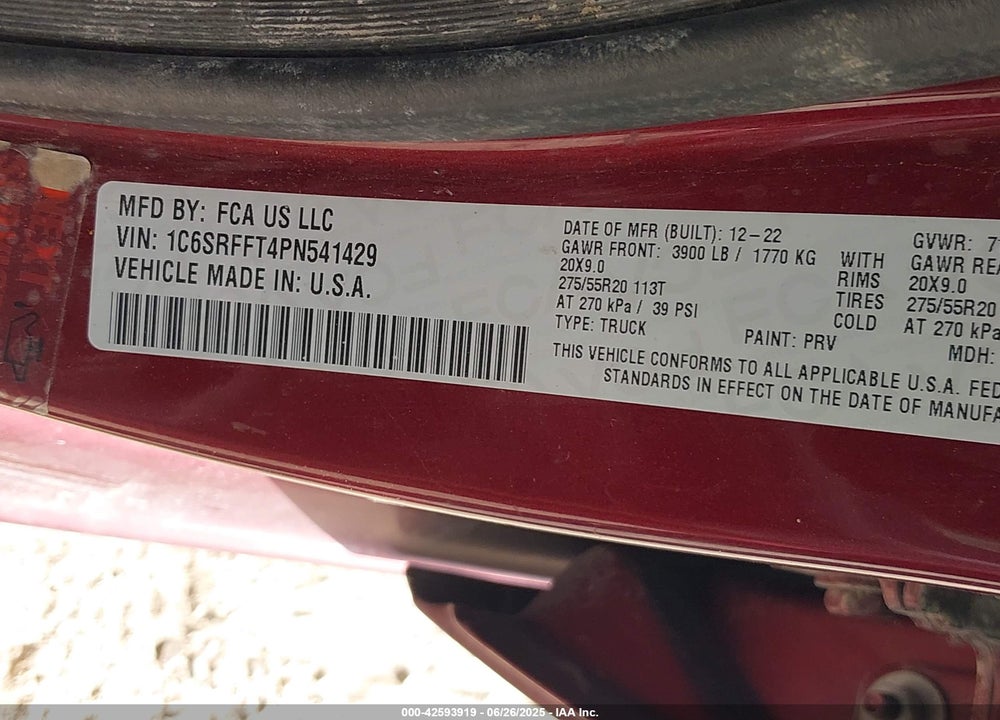 2023 RAM 1500 LONE STAR 4X4 5'7 BOX VIN: 1C6SRFFT4PN541429