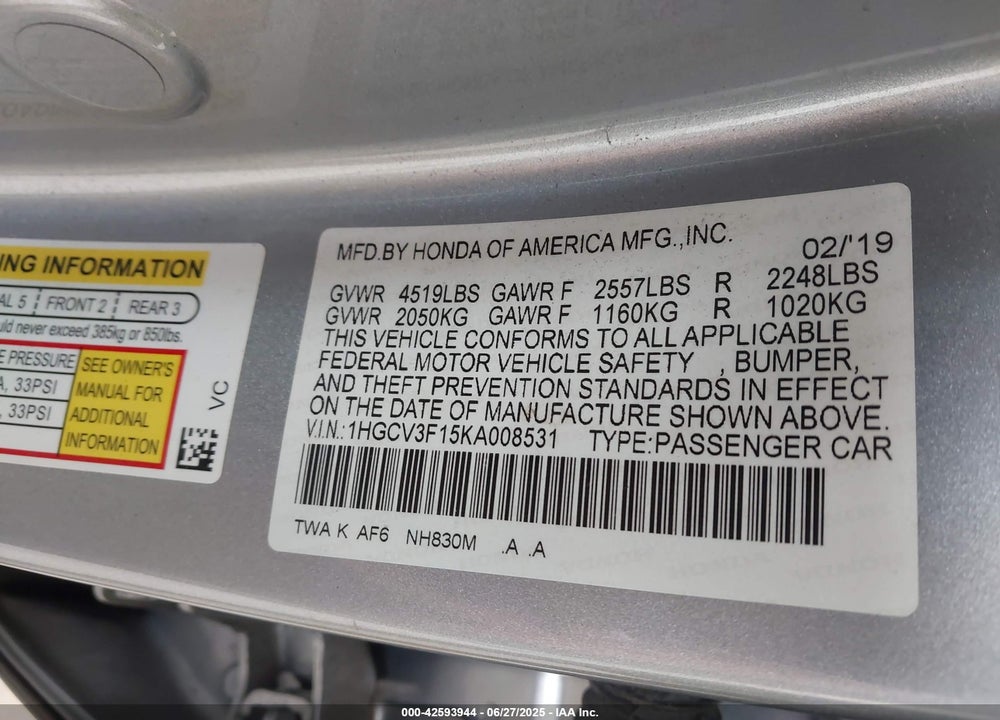 2019 HONDA ACCORD VIN: 1HGCV3F15KA008531