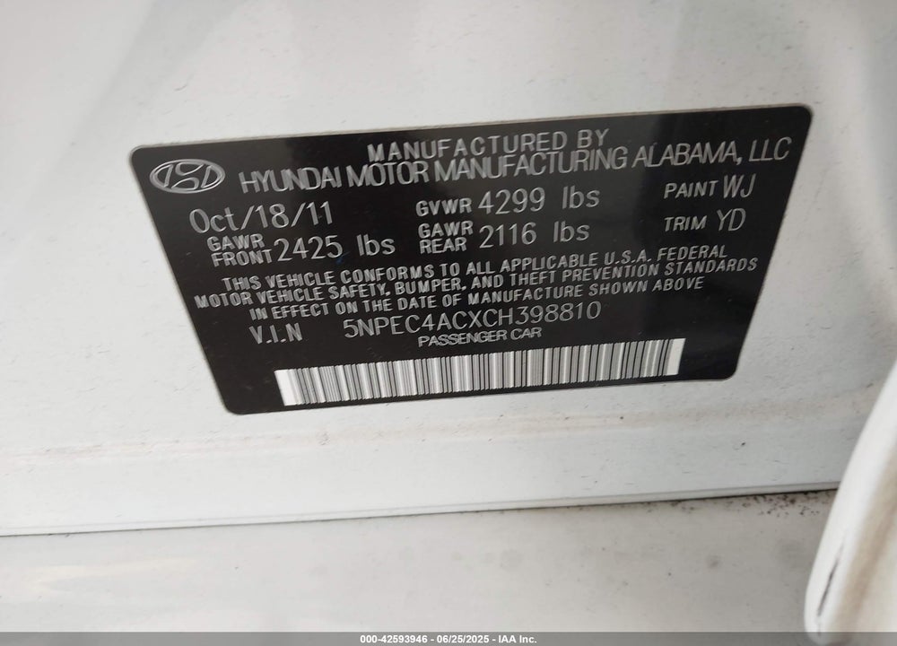2012 HYUNDAI SONATA VIN: 5NPEC4ACXCH398810