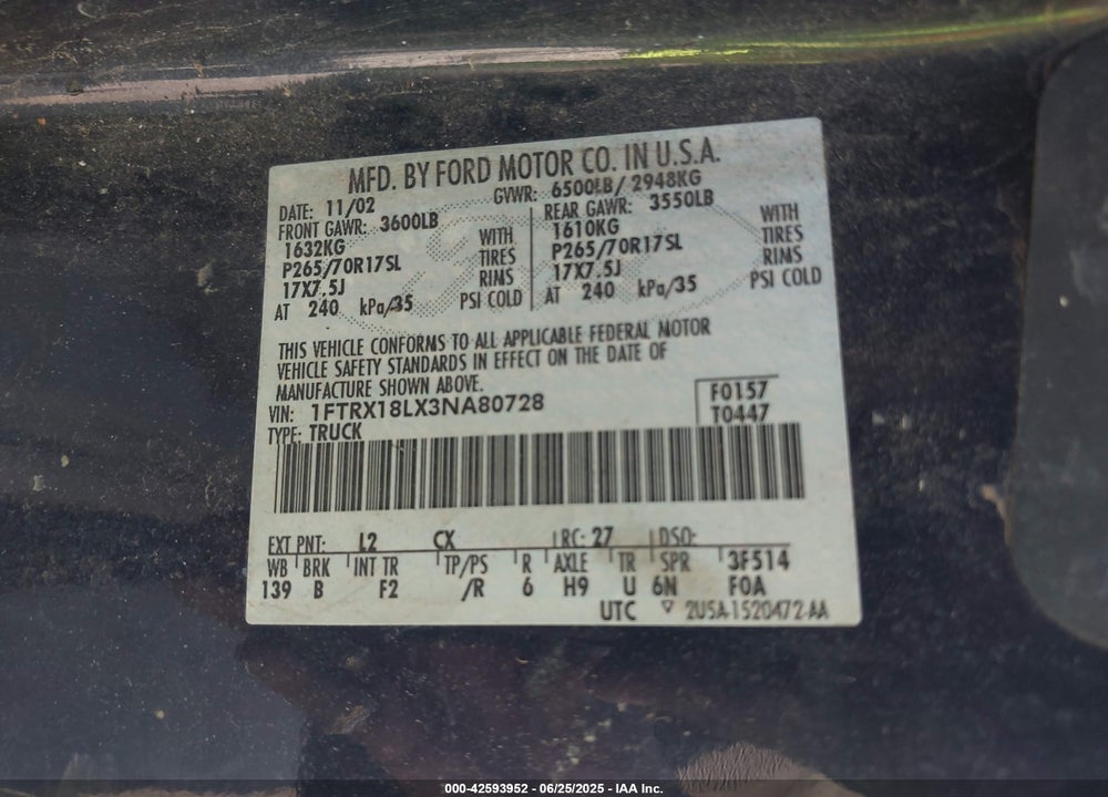 2003 FORD F-150 LARIAT/XL/XLT VIN: 1FTRX18LX3NA80728