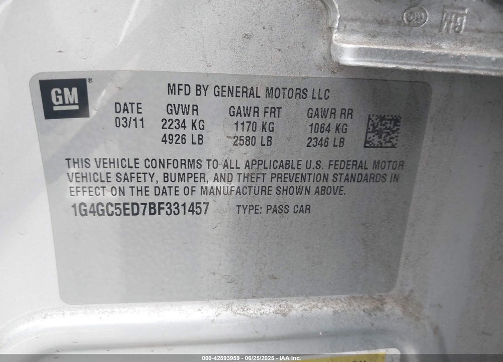 2011 BUICK LACROSSE CXL VIN: 1G4GC5ED7BF331457