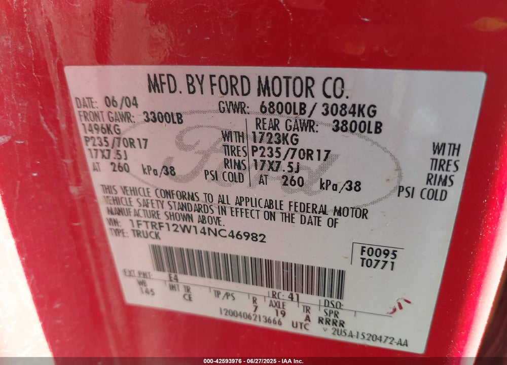 2004 FORD F-150 STX/XL/XLT VIN: 1FTRF12W14NC46982