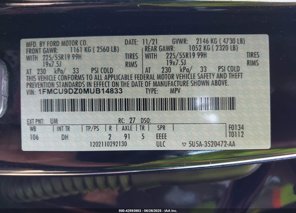 2021 FORD ESCAPE VIN: 1FMCU9DZ0MUB14833