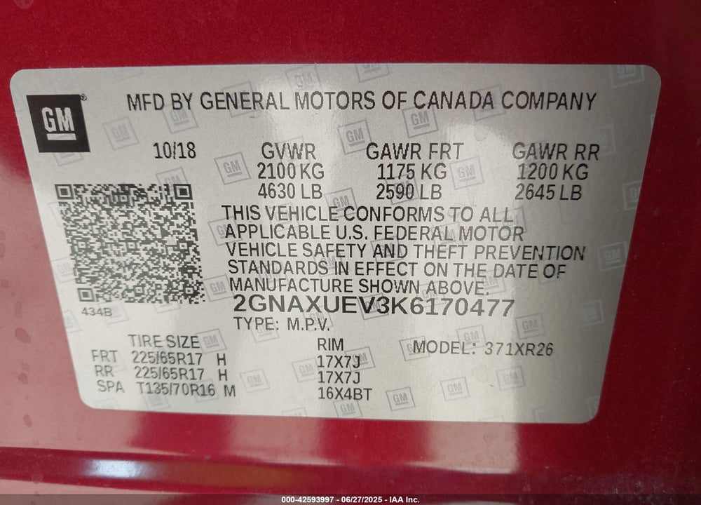 2019 CHEVROLET EQUINOX VIN: 2GNAXUEV3K6170477