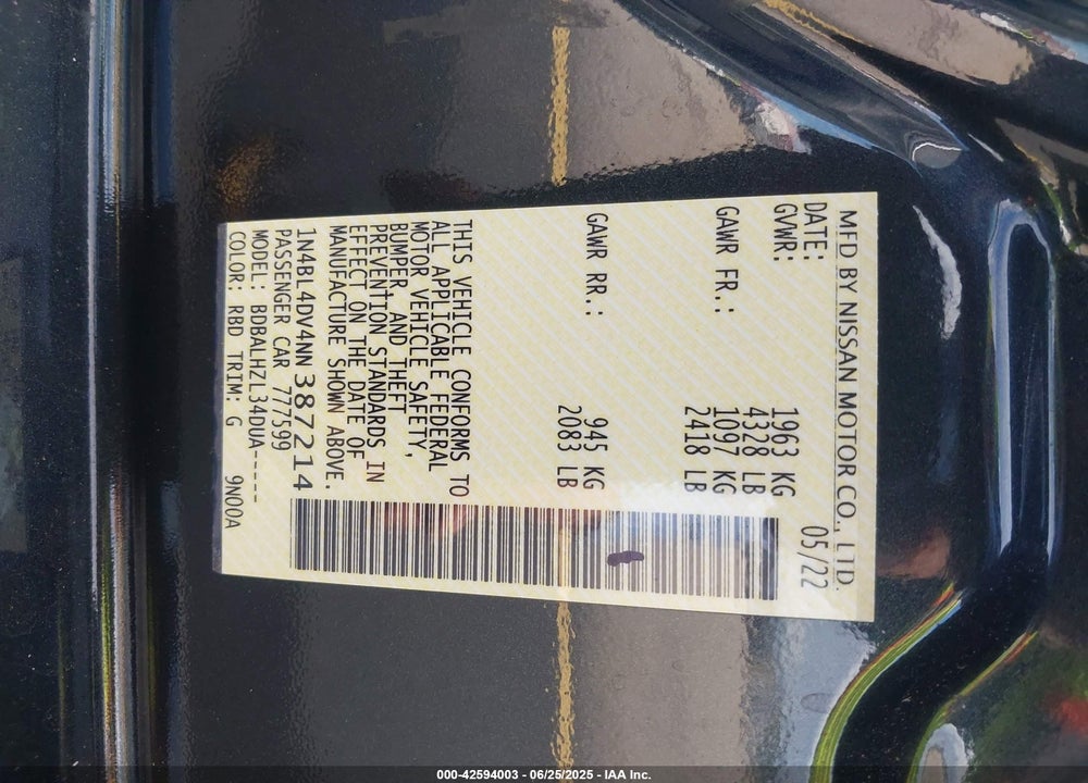 2022 NISSAN ALTIMA VIN: 1N4BL4DV4NN387214