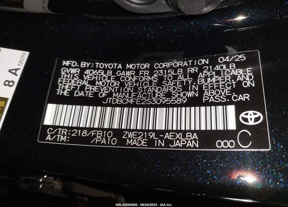 2025 TOYOTA COROLLA VIN: JTDBCMFE2S3095589