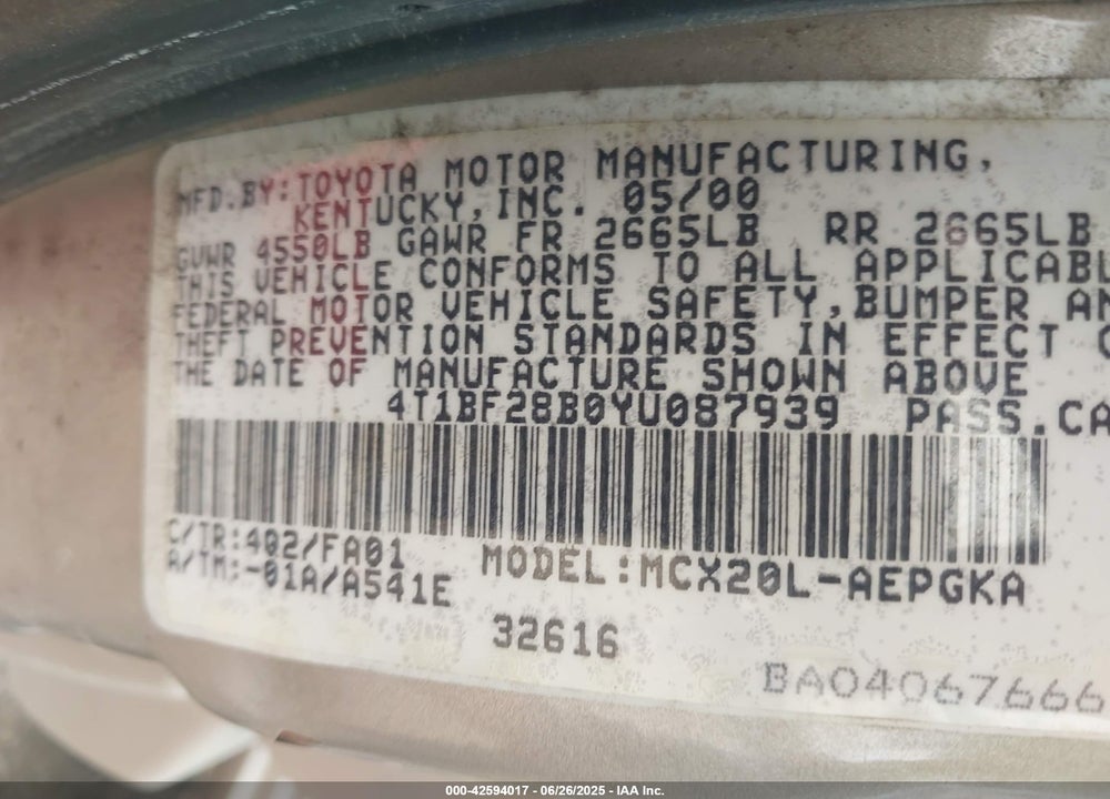 2000 TOYOTA AVALON XLS VIN: 4T1BF28B0YU087939