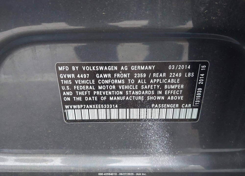2014 VOLKSWAGEN CC VIN: WVWBP7ANXEE533314