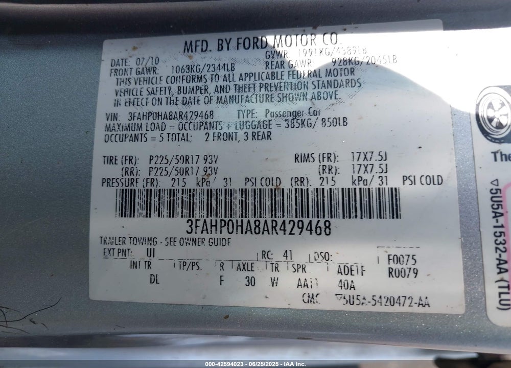 2010 FORD FUSION VIN: 3FAHP0HA8AR429468
