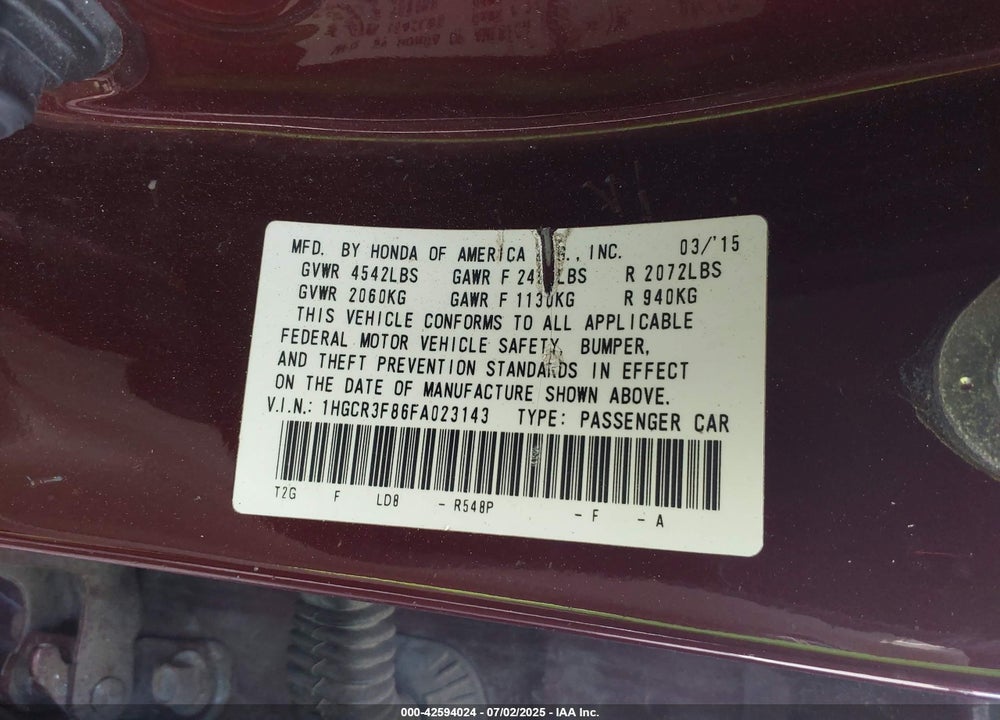 2015 HONDA ACCORD VIN: 1HGCR3F86FA023143