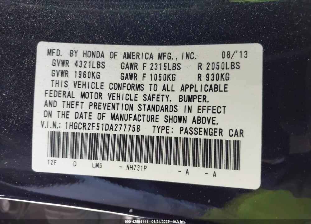 2013 HONDA ACCORD SPORT VIN: 1HGCR2F51DA277758