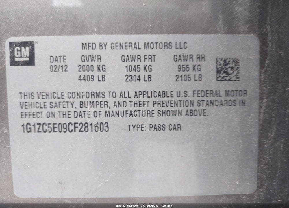 2012 CHEVROLET MALIBU VIN: 1G1ZC5E09CF281603
