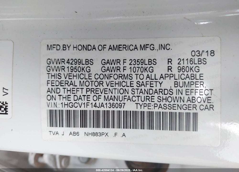 2018 HONDA ACCORD VIN: 1HGCV1F14JA136097