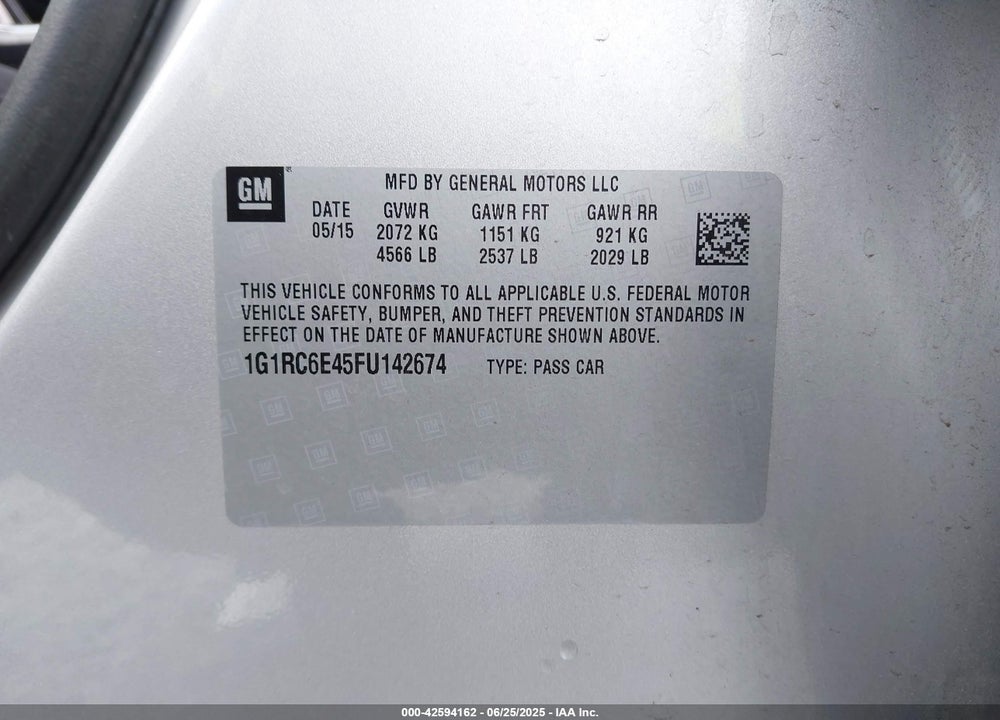 2015 CHEVROLET VOLT VIN: 1G1RC6E45FU142674