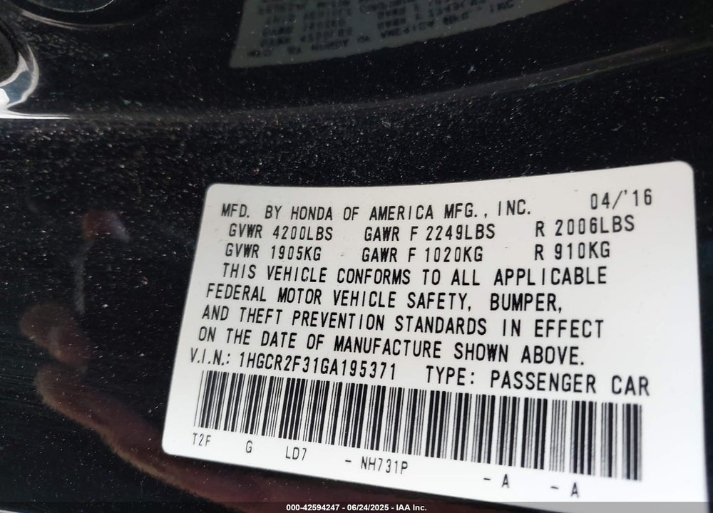 2016 HONDA ACCORD VIN: 1HGCR2F31GA195371