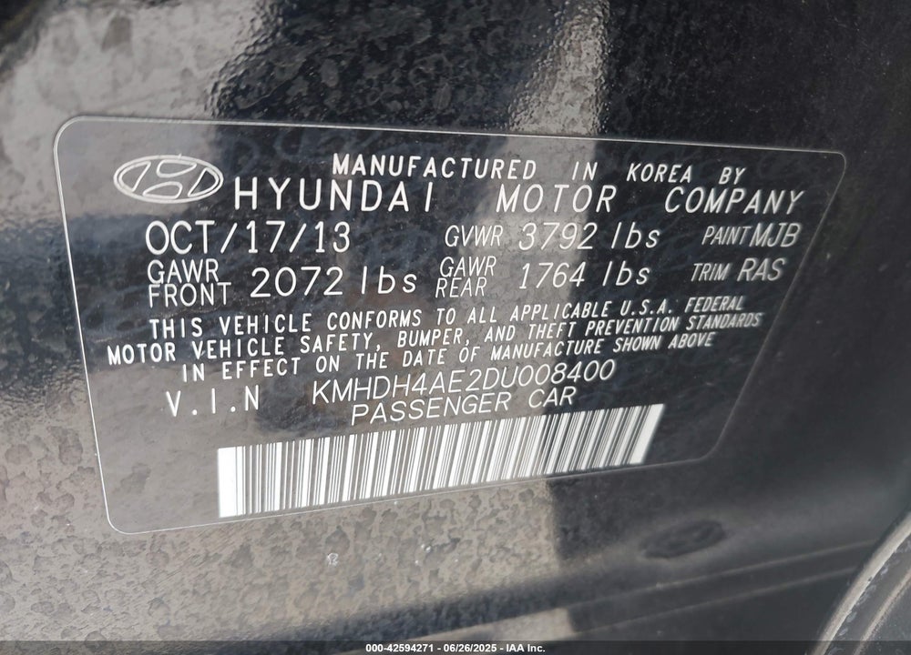 2013 HYUNDAI ELANTRA VIN: KMHDH4AE2DU008400