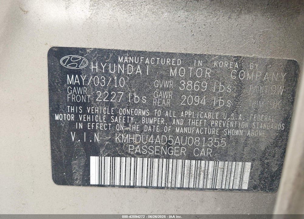 2010 HYUNDAI ELANTRA VIN: KMHDU4AD5AU081355