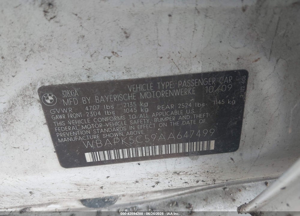 2010 BMW 3 SERIES VIN: WBAPK5C59AA647499