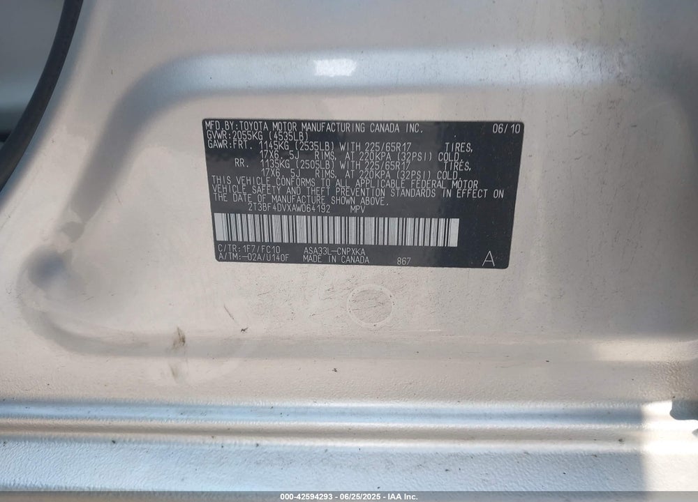 2010 TOYOTA RAV4 VIN: 2T3BF4DVXAW064192