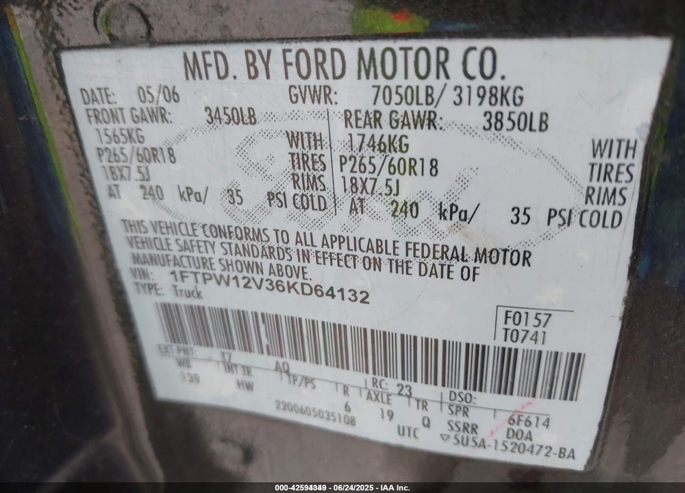 2006 FORD F-150 VIN: 1FTPW12V36KD64132