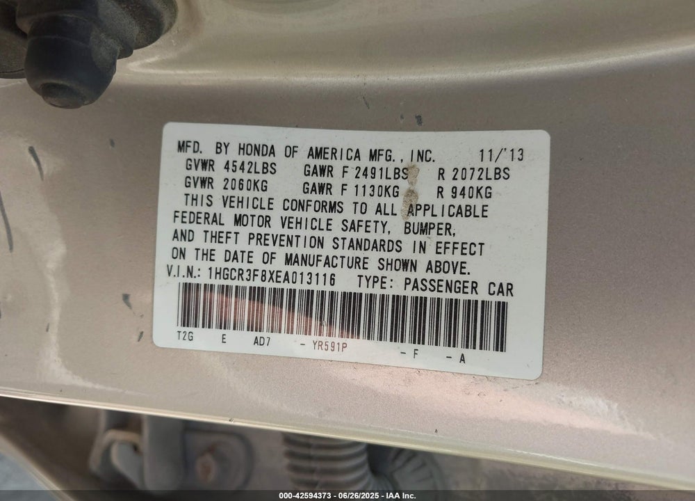 2014 HONDA ACCORD VIN: 1HGCR3F8XEA013116