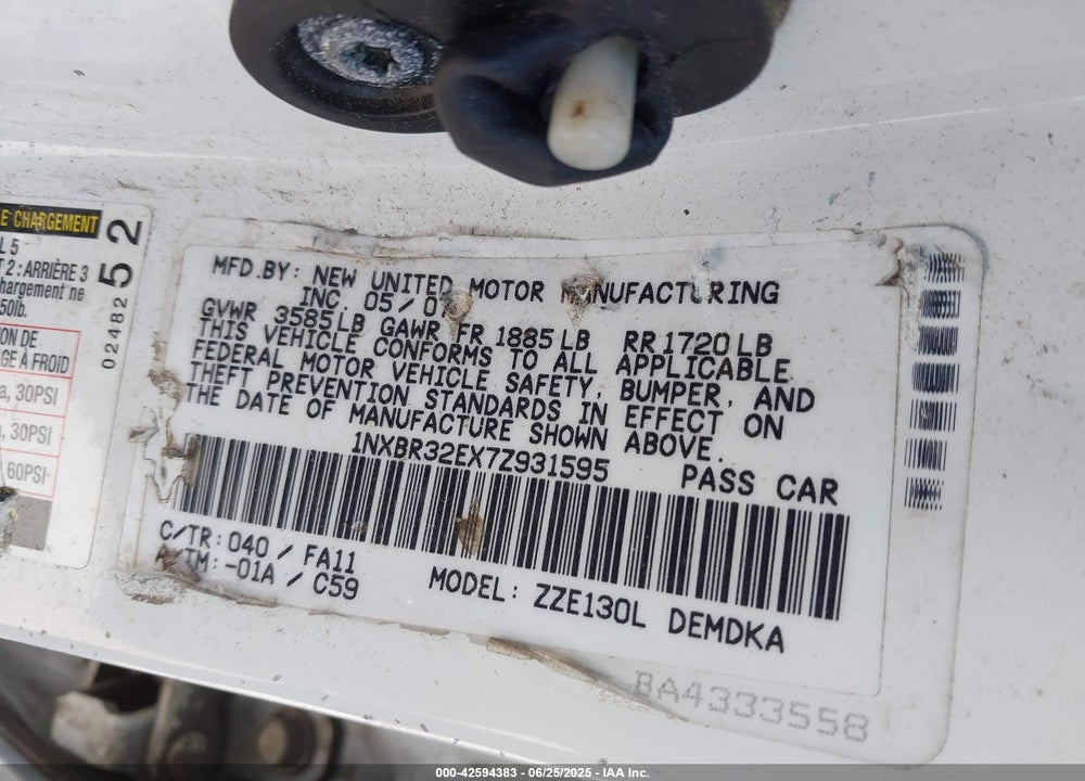 2007 TOYOTA COROLLA VIN: 1NXBR32EX7Z931595