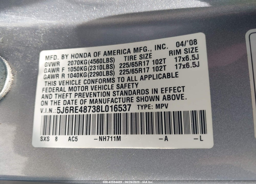 2008 HONDA CR-V EX-L VIN: 5J6RE48738L016537