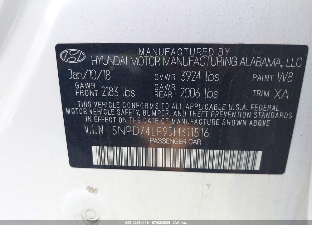 2018 HYUNDAI ELANTRA VIN: 5NPD74LF9JH311516