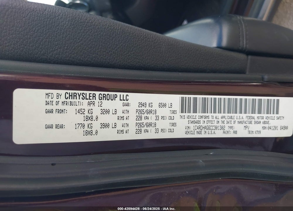 2012 DODGE DURANGO VIN: 1C4RDHAG6CC301302