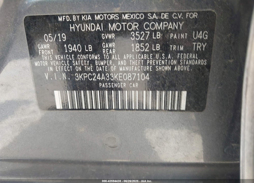 2019 HYUNDAI ACCENT VIN: 3KPC24A33KE087104