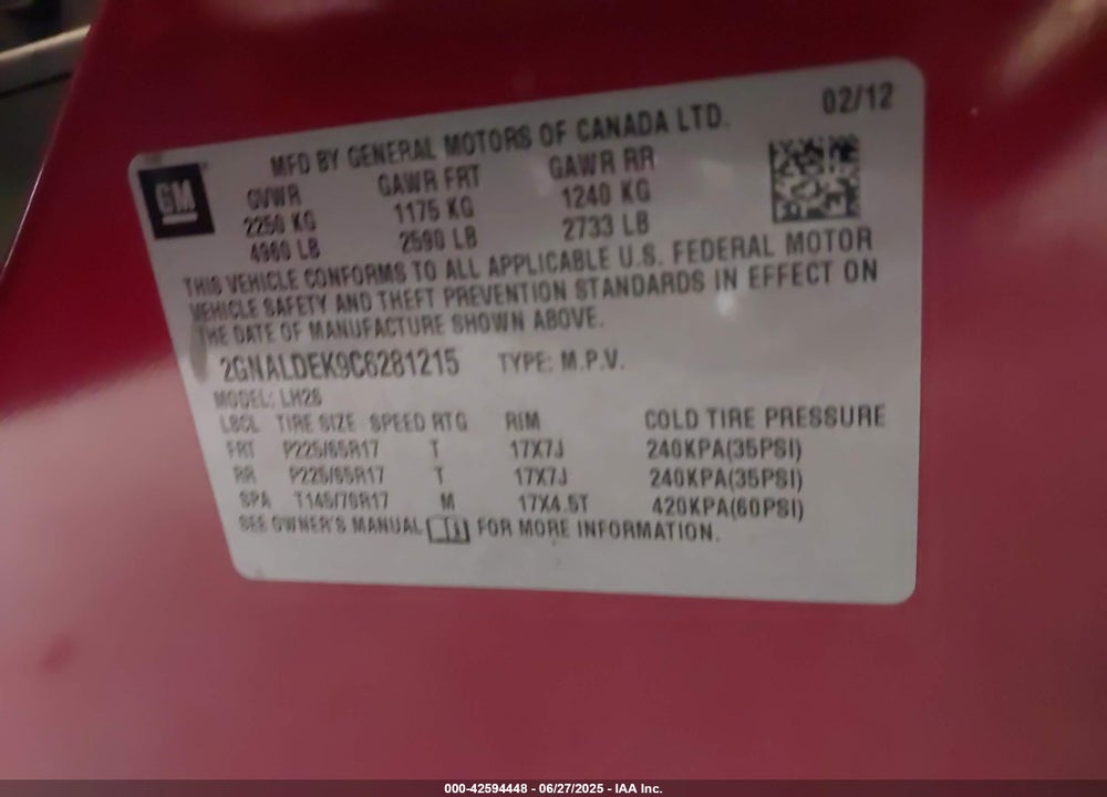 2012 CHEVROLET EQUINOX VIN: 2GNALDEK9C6281215