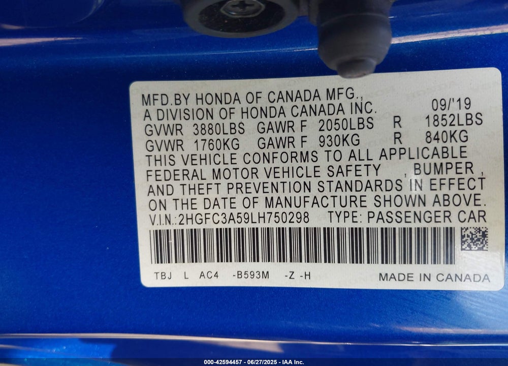 2020 HONDA CIVIC SI VIN: 2HGFC3A59LH750298