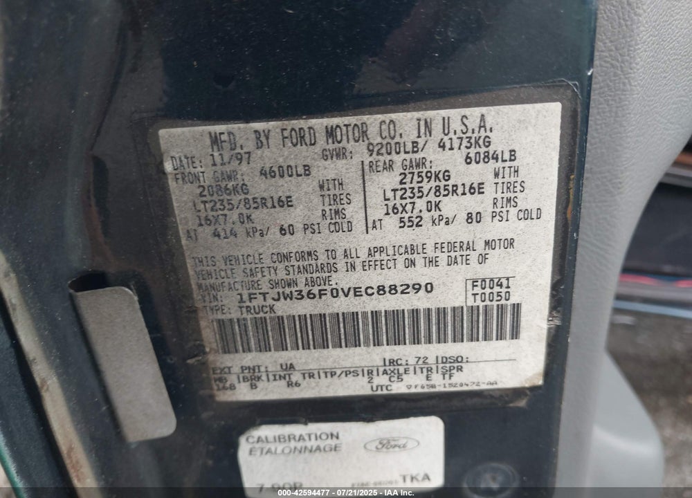 1997 FORD F 350 VIN: 1FTJW36F0VEC88290