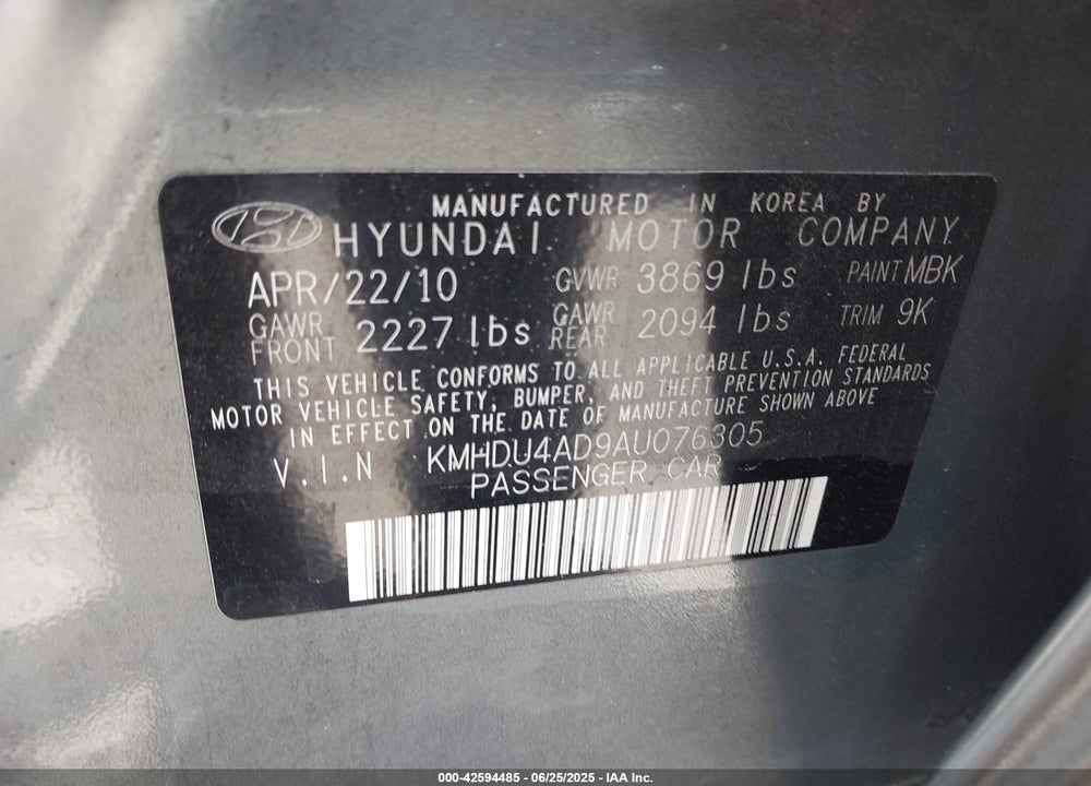 2010 HYUNDAI ELANTRA VIN: KMHDU4AD9AU076305