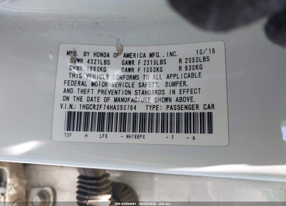 2017 HONDA ACCORD VIN: 1HGCR2F74HA090764