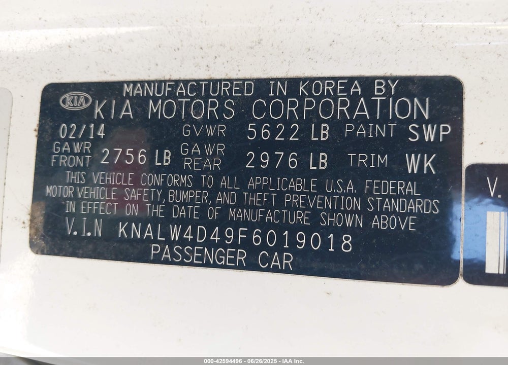 2015 KIA K900 VIN: KNALW4D49F6019018