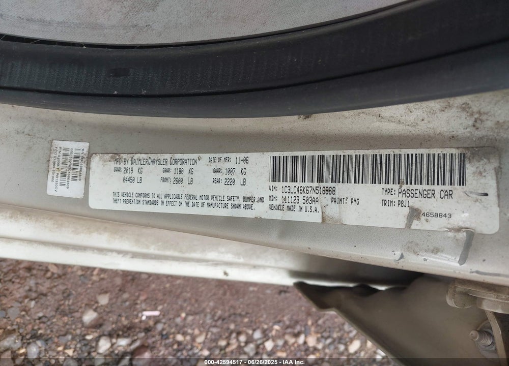 2007 CHRYSLER SEBRING VIN: 1C3LC46K67N516868