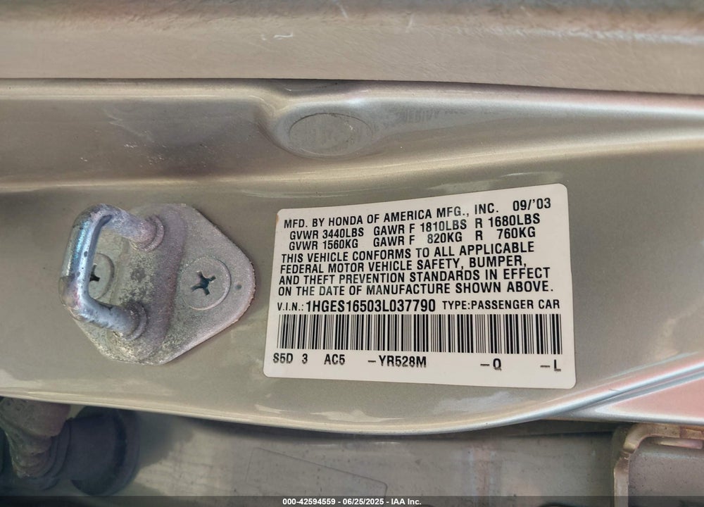 2003 HONDA CIVIC LX VIN: 1HGES16503L037790