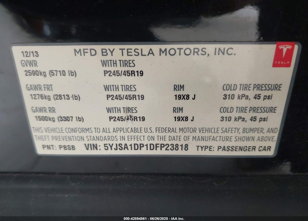 2013 TESLA MODEL S PERFORMANCE VIN: 5YJSA1DP1DFP23818