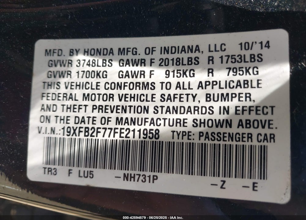 2015 HONDA CIVIC VIN: 19XFB2F77FE211958