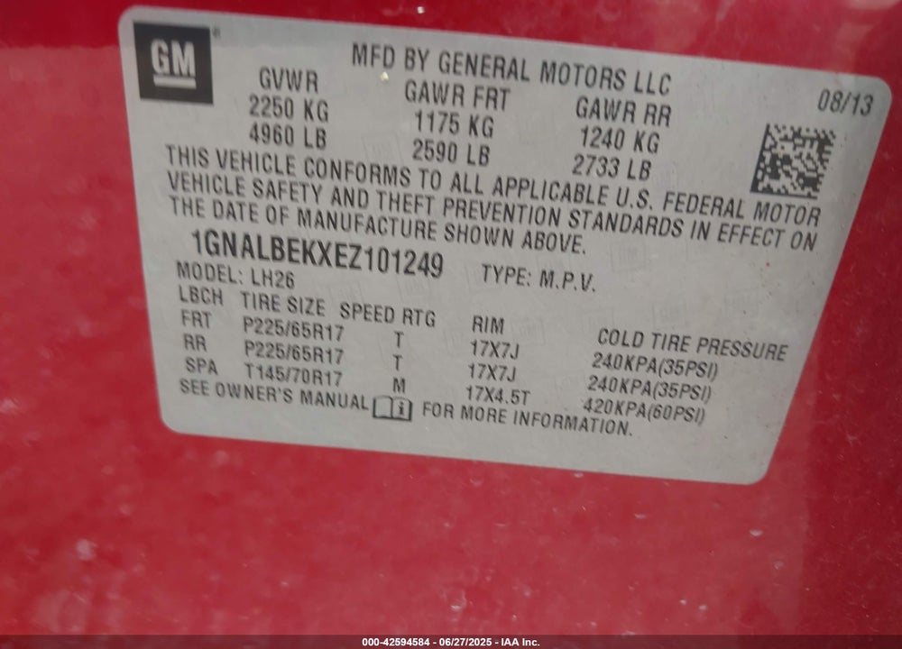 2014 CHEVROLET EQUINOX 1LT VIN: 1GNALBEKXEZ101249