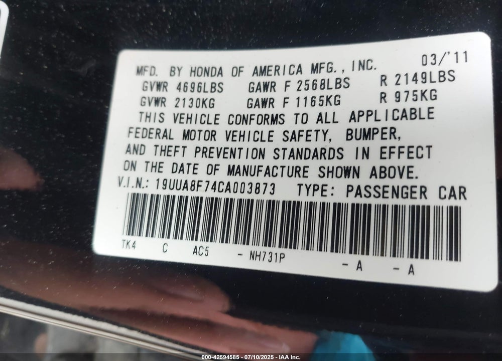 2012 ACURA TL VIN: 19UUA8F74CA003873