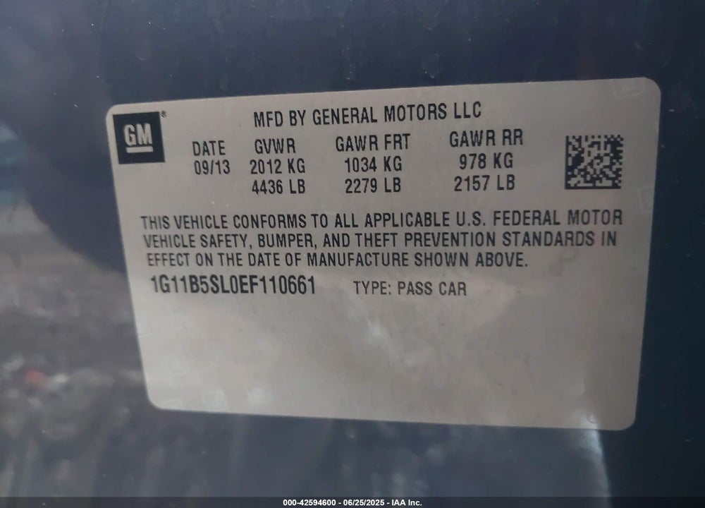 2014 CHEVROLET MALIBU VIN: 1G11B5SL0EF110661