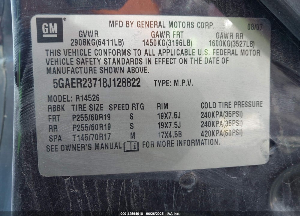2008 BUICK ENCLAVE VIN: 5GAER23718J128822