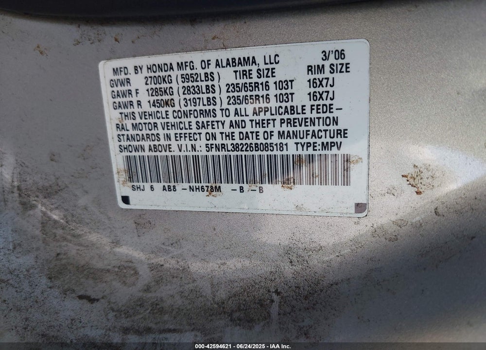 2006 HONDA ODYSSEY LX VIN: 5FNRL38226B085181