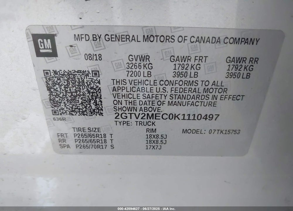 2019 GMC SIERRA 1500 LIMITED VIN: 2GTV2MEC0K1110497