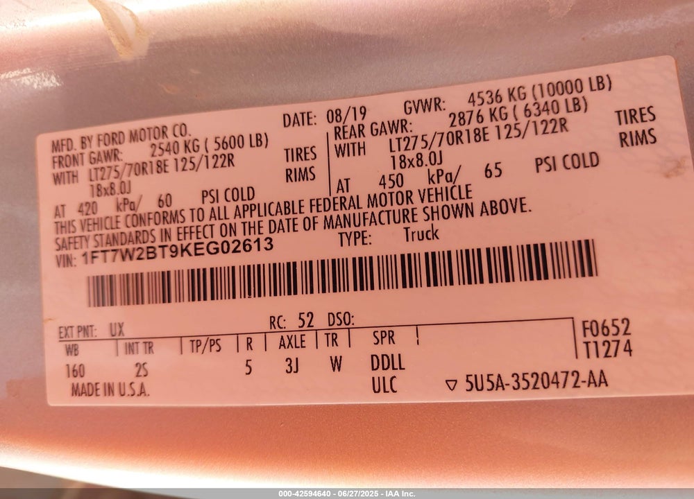 2019 FORD F250 VIN: 1FT7W2BT9KEG02613
