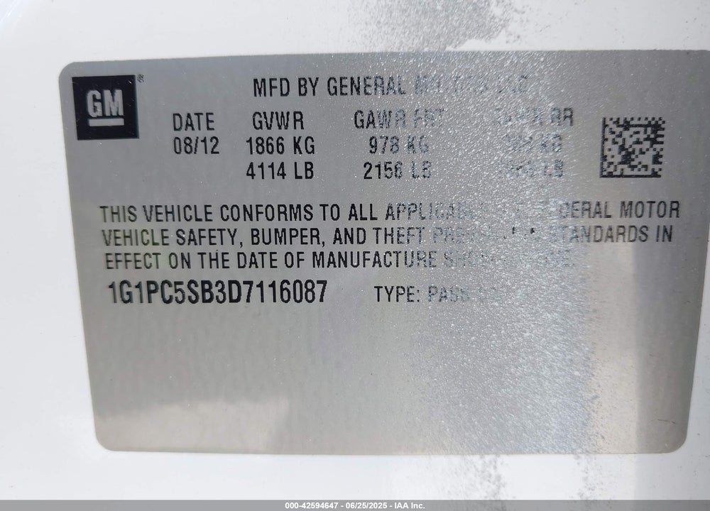 2013 CHEVROLET CRUZE VIN: 1G1PC5SB3D7116087