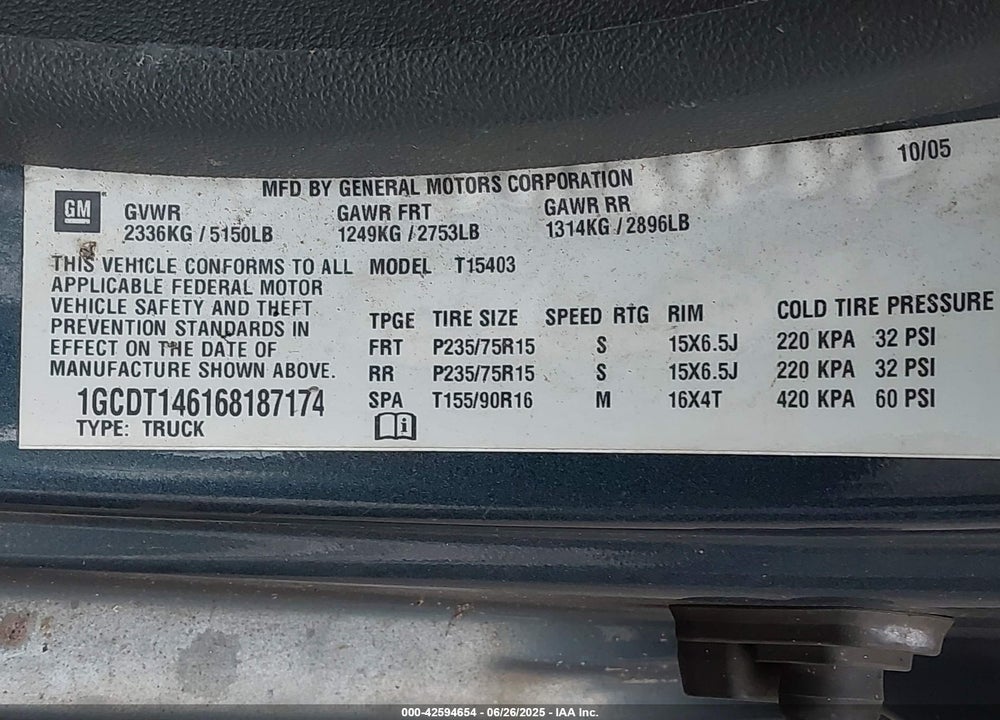 2006 CHEVROLET COLORADO VIN: 1GCDT146168187174